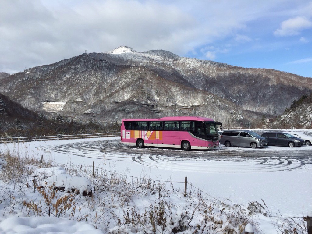雪景色とピンクバス